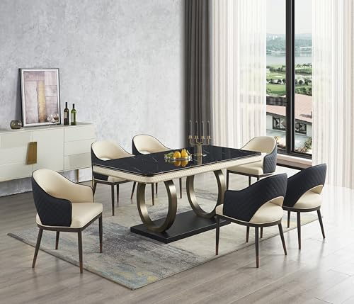 Emporium Furniture Dining Set 6 Seater Rectangle Dining Table 1.8m Black Marble Top with 6/8 Dining Chairs Sets (Hampton Dining Table + 8 chairs, 180x90x75)