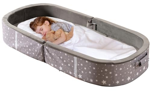 BYBYME Tragbares, wasserdichtes Kinderbett, Bodenbett, Kleinkind, Reisebett mit Matratze, waschbares Spannbettlaken, faltbares Reisebett für Camping, Tief grau