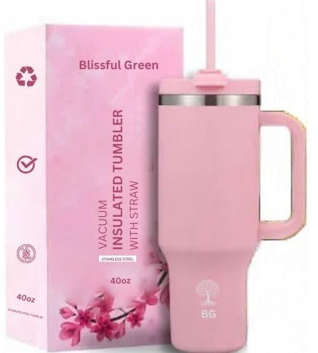 Blissful Green 40oz Tumbler with Straw, Lid, Vacuum Insulated, Double Walled, Re-uasble Stainless Steel, Travel Mug Handle, Coffee, Hot-Cold Drinks (Pale Pink)