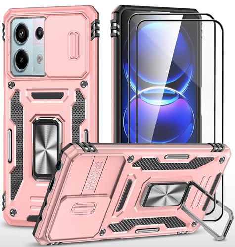 CLYDITE Cover per Xiaomi Redmi Note 13 Pro 5G/Poco X6 5G Rose Gold Custodia con Vetro Temperato [2 Pack] Fotocamera Slidable Custodia Antiurto Grado Militare Ring Supporto Silicone Custodie