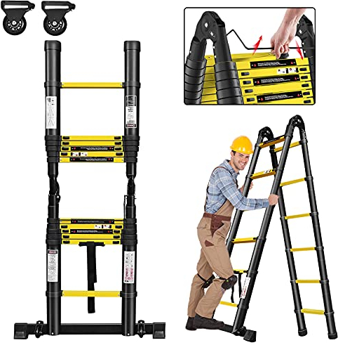 XMTECH Scala Telescopica Pieghevole Richiudibile Multifunzione Estensibile, Scaletta Pieghevole 1,9 m + 1,9 m, Colore Nero