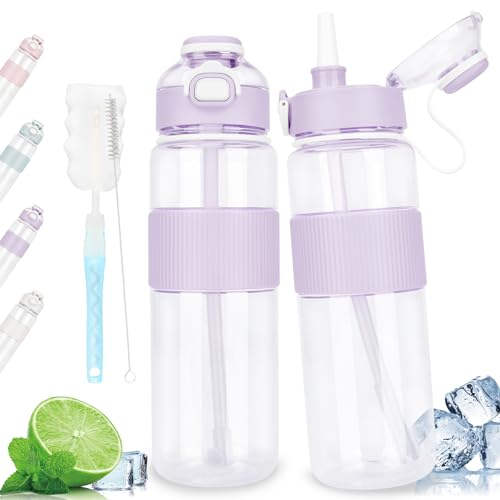 ADVIGO Gourde de sport, 1 l, avec paille, anti-fuite, avec adhésif, 1 l, sans BPA, pour l'école, le travail, le fitness, les voyages, le vélo, le camping (violet)