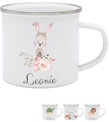wunderwunsch - Personalisierte Emaille Tasse Kinder mit hochwertigem Spezial-Druck – Bruchsicher, Leicht & Umweltfreundlich – Perfekt für Zuhause, Kindergarten oder Camping (Hase Blumen)