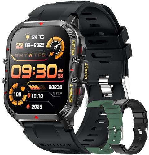 Smartwatch Herren mit Telefonfunktion, 1.96” HD 5ATM Wasserdichte Fitnessuhr mit Schrittzähler Herzfrequenz SpO2, 123 Sportmodi Sportuhr Aktivitätstracker für Android iOS, 3 Uhrenarmbänder (Schwarz)
