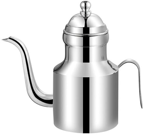 Oil Dispenser, Stainless Steel Oil Filter Pot, 11 Oz Olive Oil Dispenser Kitchen Oil Drizzler Bottle with Drip Free Spout Oil Can Vinegar Jug Sauce Grease Storage Can Silver