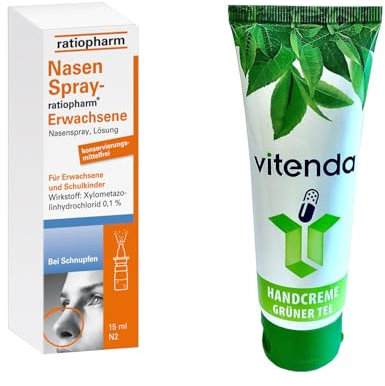 Nasenspray Ratiopharm 15ml inclusive einer Handcreme von vitenda - die zuverlässige Lösung bei Schnupfen mit verstopfter Nase, befreit schnell und effektiv