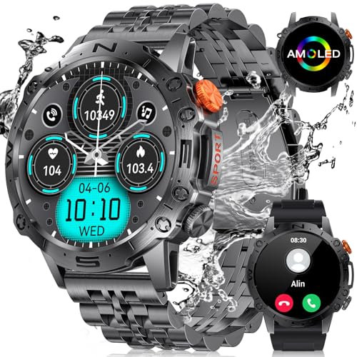 Montre Connectée Homme, Montre Connectée AMOLED de 1,43, Temps de Veille Très Long 400 mAh, Détection de Sommeil par Appel Vocal Bluetooth, Montres de Fitness Android et iOS pour Hommes