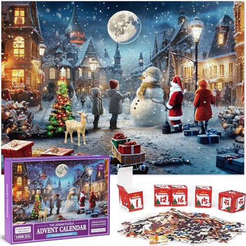 Evolyline Jigsaw Puzzle for Kids and Adults Xmas Gift 1008 Pieces Christmas Puzzles in 24 Box 24 Days Santa Claus Snowman Puzzles for Home Wall Decor