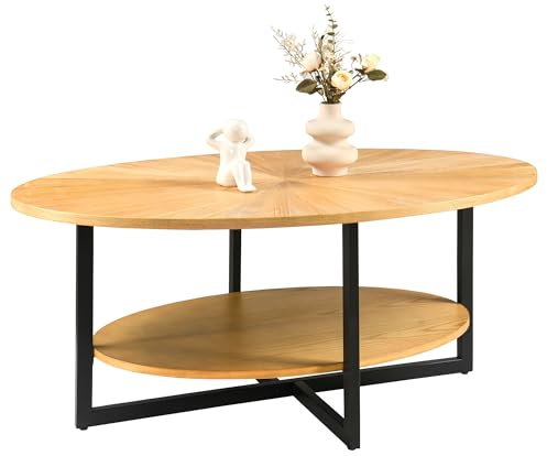 PADMA HOUSE Massivholz Ovaler Couchtisch mit Kreuzmetallbeinen, 110cm moderner Industral Center Tisch mit offenem Regal Cocktail Tee Tisch für Wohnzimmer Schlafzimmer (Natural Wood Color)