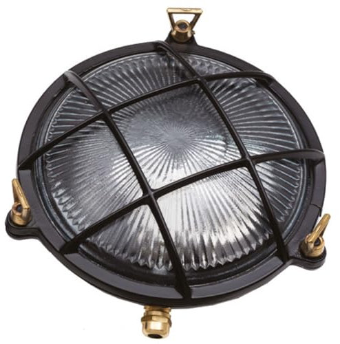 Schiffslampe Messing massiv Riffelglas rund Ø 21 cm IP64 Schwarz E27 Maritim Außenlampe Wand Außenleuchte Balkon Terrasse Beleuchtung