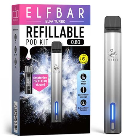 Elfbar Elfa Turbo Pod Kit, Pod Akkuträger 550 mAh, 0.8 Ω nachfüllbarer Pod (Selbstbefüllbarer, austauschbar, Refillable) USB-C Schnellladung, MTL, 2 Leistungsmodi - Ohne Nikotin & Liquid, Aurora Black