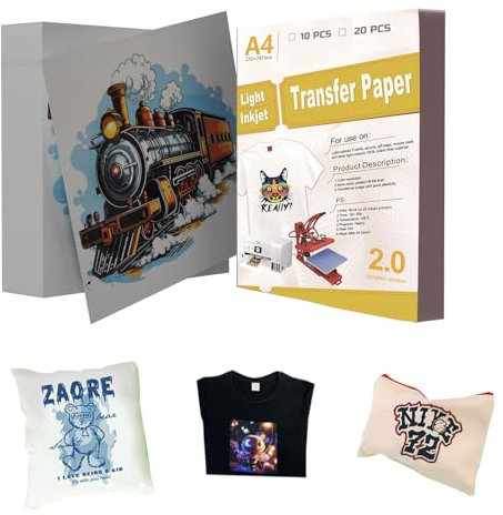 LetCartMaker Transfer Paper, Light Color A4 Inkjet Heat Transfer Paper for Light Fabric, Printable Htv, Iron on Transfers for T Shirts, Inkjet & Laser Printers(Upgrade, 20 Sheets)