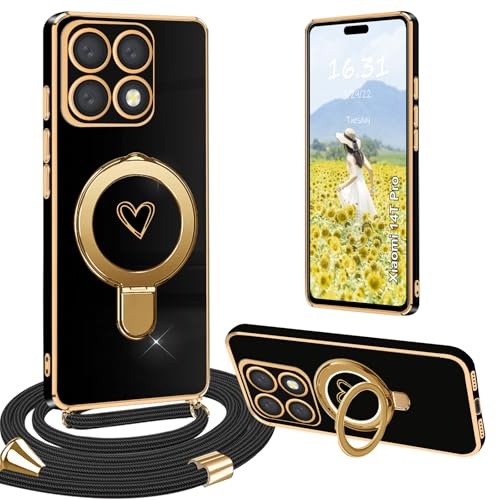 Yutwo Handykette Xiaomi 14T Pro Hülle mit Band, Handyhülle für Xiaomi 14T Pro mit Band Hülle Ständer mit Love Herz Schutzhülle, Schwarz