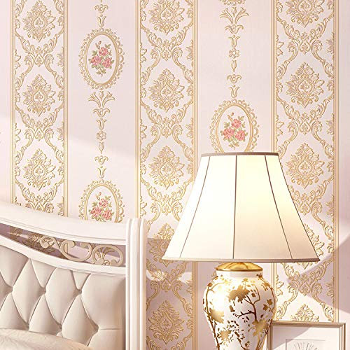 Country French Flowers Gold Damask Embossed Flock Textured Non Woven Wallpaper Roll for Bedroom Livingroom Pink 5.3㎡