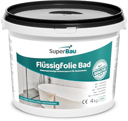 SuperBau Flüssigfolie BAD & DUSCHE, Abdichten Badezimmer Fliesen, Abdichtfolie, Duschabdichtung Grau & Wasserdicht, für Boden und Wände (Grau, 4kg)