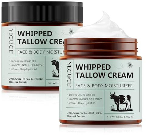 Beef Tallow Creme - Rindertalg Skincare, 100% Gras gefüttert reinen Rindertalg, Natürliche Honig Feuchtigkeitscreme für Gesicht Körper Tiefe Hydratation, Whipped Tallow Balm 120 G (2 Packs)