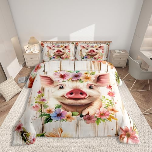Homewish Schwein Bettwäsche 135x200 Kinder Mädchen, Rosa Tiere Bettbezug Niedlich für Mädchen Jungen, Botanische Blume Pflanze Bett Set, mit 1 Kissenbezug Schlafzimmer, Weiche Mikrofaser