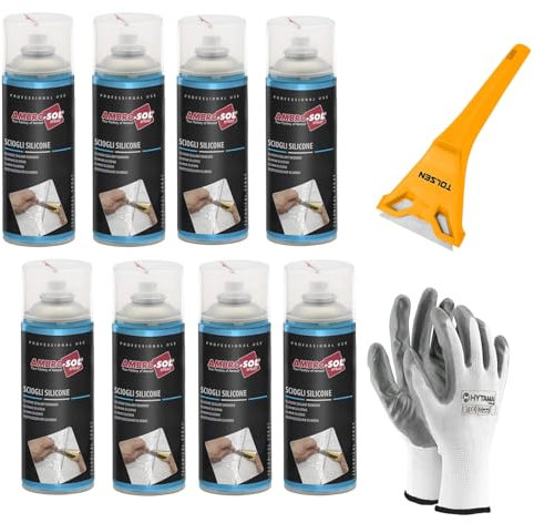 Sciogli Silicone, Rimuove il Silicone e Relativi Residui senza Aggredire le Superfici, Agisce Rapidamente, Spray 8 x 400 ml il Kit Comprende 1 RASCHIETTO e 1 Paio Guanti Nitrile