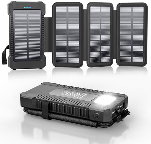 Chargeur Solaire 26800 mAh avec 4 Panneaux Solaires, Batterie Externe Solaire étanche avec Charge Rapide USB-C 18W pour Téléphones Portables, Tablettes, Ordinateurs.