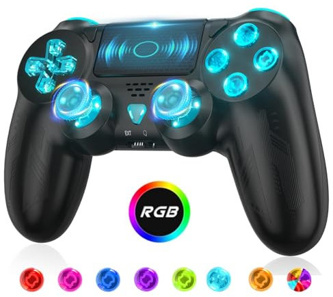 Wireless Controller für PS4 | Kabelloser Gamepad Kompatibel mit PS4/Pro/Slim/PC, RGB-Lichter/Dual Vibration/6-Achsen Gyro Sensor/Touchpanel/3,5-mm-Audiobuchse/Turbo Macro Function