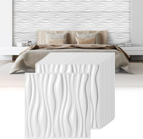 Jopassy 3D Wandpaneele 24 Stück 50 x 50 cm (6m²), 3D Wall Panels Wave Optik, PVC Wanddeko Platten, Wasserfest, Hitzebeständig, Matt weiß