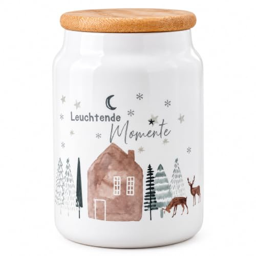 Kilala Weihnachtliche Keksdose aus Keramik mit Holzdeckel – Luftdicht, 650 ml, mit Winterlichen-Motiv und Spruch – für Plätzchen & Süßigkeiten (Leuchtende Momente)