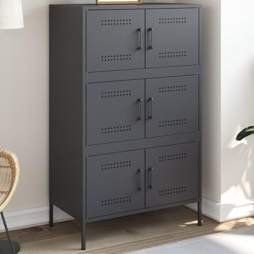 HaoChrymec Highboard with Doors, Steel Storage Cabinet, Industrial Style Wardrobe with 6 Compartments, Tall Storage Unit, Kitchen Storage Organiser, Freestanding Cupboard, Anthracite, 68x39x113 cm
