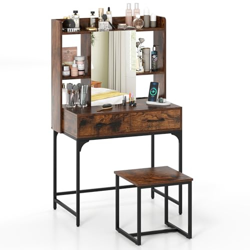 COSTWAY Schminktisch-Set mit Hocker & Spiegel, Kosmetiktisch mit Steckdose, Schubladen & offenen Regalen, Frisiertttisch Spiegelschrank für Schlafzimmer (Rustikal Braun)