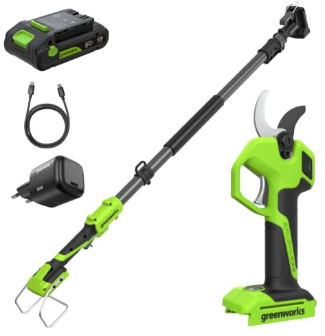Greenworks Forbice Elettrica 24V con Asta Telescopica 1,29–2,00 m, Motore Brushless, Lame Acciaio, Apertura 22/32 mm, Display LED, con Batteria 2,0Ah & Caricatore USB-C 30W LP24BLA1