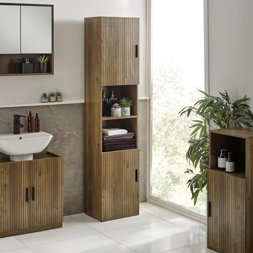 Julian Bowen Hampshire Tall Bathroom Cabinet - Walnut Effect Tallboy Bathroom Storage Unit with Shelves, Scandinavian Slim Storage Cupboard for Toiletries - H178.5 x W40 x D30cm