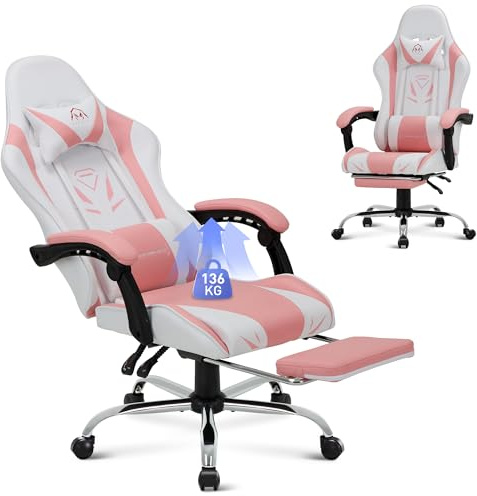 COLAMY Chaise Gamer, Chaise d'ordinateur avec Repose-Pieds et Soutien Lombaire, Chaise de Gaming réglable en Hauteur avec Assise pivotante à 360° et Appui-tête, Chaise PC pour Joueur, Rose