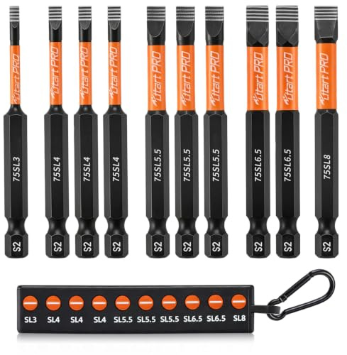LitartPRO 10PCS 75mm Slotted Screwdriver Bit Set, Magnetic Impact Bits | Anti-Slip Flat Head, 5 Sizes SL3-SL8, Long Reach, S2 Steel