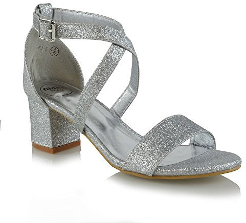 ESSEX GLAM WOMENS STRAPPY SANDALS BLOCK LOW HEEL LADIES ANKLE STRAP PARTY EVENING SHOES 3-8