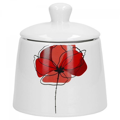 Van Well Zuckerdose Monika | 250-300 ml | Ø 90 mm | H 100 mm | runder Zuckerspender mit Deckel | Mohn-Blume rot | Porzellan-Geschirr | Gastronomie