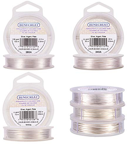 BENECREAT 0.3mm / 0.5mm / 0.8mm Filo di Rame Filo Metallico Filo Gioielli per Artigianale Argento Calibro 20/24/28, 3 Rotoli