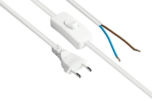 Good Connections EURO-Netzkabel - 1,5 m - Euro-Stecker Typ C (gerade) an abisolierte Enden - STROMKABEL mit SCHALTER - zum Konfektionieren - KUPFERLEITER - Adernquerschnitt: 0,75 mm² - WEISS
