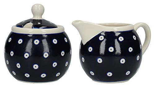 London Pottery Out of The Blue Milk Jug and Sugar Bowl Set with Circles Design, Stoneware, White/Blue, 2 Pieces