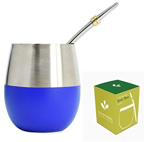 Novomates Yerba Mate Cup - Best Yerba Mate Set - Includes Double Wall Stainless Steel Yerba Mate Tea Cup with Stainless Steel Yerba Mate Straw Mate Cup 8oz (Blue, 237ml)