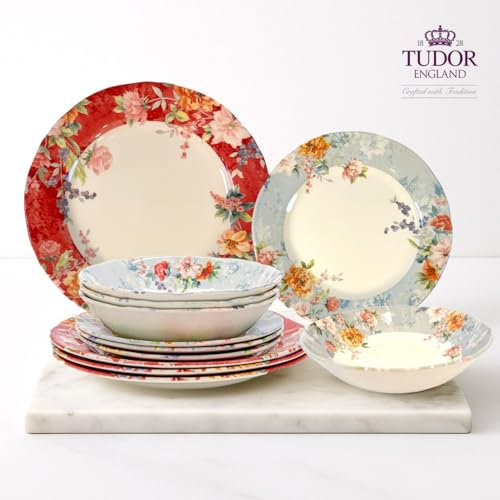 TUDOR Royal Collection 12-teiliges rundes Porzellan-Geschirr-Set, Service für 4 Personen mit Speiseteller, Schüsseln und Salattellern, karminrotes Sommerblumen-Design, einzigartiges Design, glänzende
