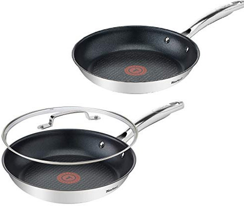 Tefal A85632 Induktion Pfannenset 6 teilig 24 + 28 cm Pfanne + Jamie Oliver Glasdeckel 28cm + 3 Pfanneneinlagen aus Filz, Titanium Force Antihaftversiegelung, Edelstahlgriffe, Induktionsherd geeignet
