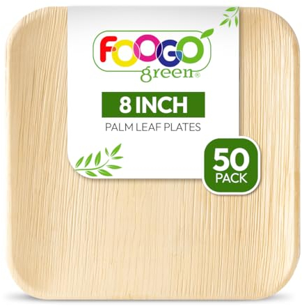 FOOGO Green 50 Disposable Palm Leaf Plates, 8(20cm) Medium Square, Eco Friendly Biodegradable Compostable Plates, Like Wooden Plates, Bamboo Plates, Paper Plates for Hot Food, Wedding Picnic Plates