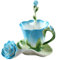 ONEUSTAR Tea Cup and Saucer Set with Spoon Ceramic Bone China Coffee Cup with Saucer 6 Ounce Porcelain Rose Flower Shaped Cappuccino Latte Teacup Housewarming Gift, Blue