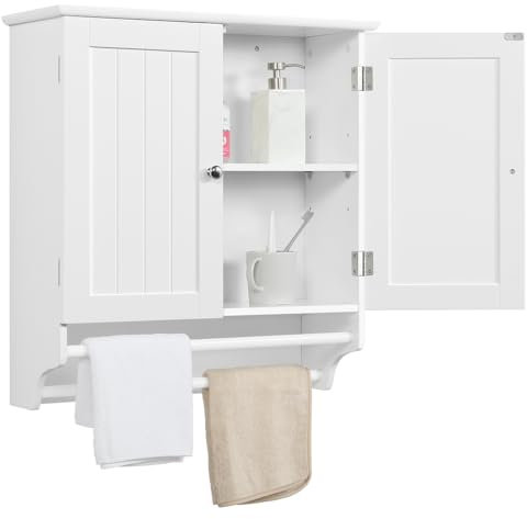 Yaheetech Mobile Bagno da Parete Pensile Sospeso Armadietto Armadio con 2 Ante e Ripiano Regolabile Asta Porta Asciugamani Salvaspazio per Cucina 60,5 x 22,5 x 64 cm Bianco
