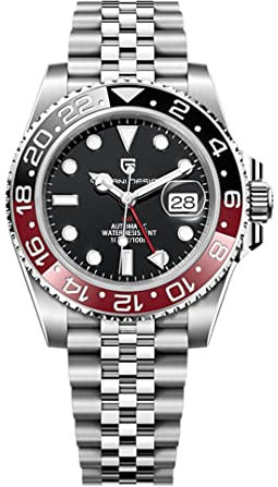 Pagani Design GMT Herren 40 mm Automatikuhr Saphirglas Edelstahl 100 Wasserbeständigkeit Analoguhr Mechanische Herrenuhren Geschenkuhr für Herren(Fünf Perlen Schwarz Rot)