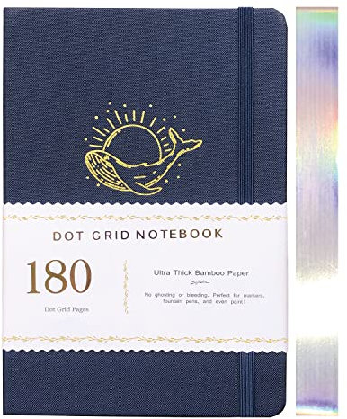 BUKE A5 Dotted Journal Dot Grid Notebook-Whale-180gsm Bamboo Paper, Waterproof Fabric Hardcover, 160 Dot Grid Pages,5.7 * 8.2 inch Drawing BUJO (BKF-6)