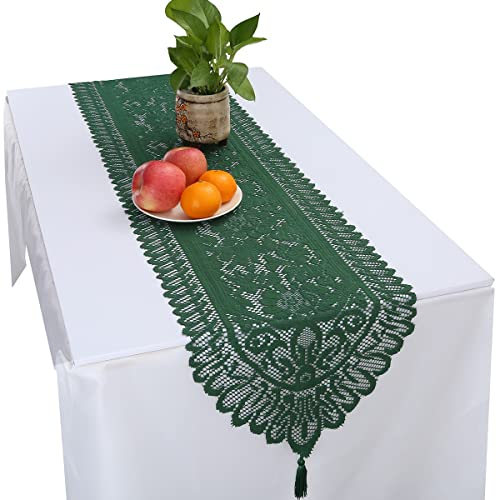 KYEYGWO Grün Hohle Spitze Tischläufer mit Vintage Blumenmuster, Elegante Makramee Tischdecke Boho Tischwäsche mit Quasten, Landhausstil Tischtuch für Esstisch Deko Hochzeit Weihnachten 178x33 cm