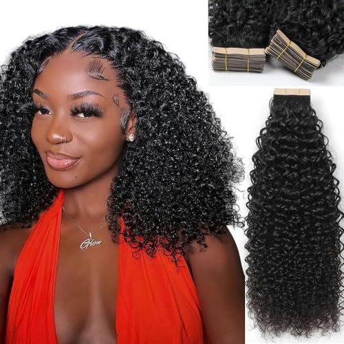 YDDM 14 Zoll Tape Extensions Echthaar 40 StüCk 60g Schwarz Kinky Curly Tape In HaarverläNgerung Echthaar Schwarze Frauen Tapes Unsichtbare Extensions Echthaar Tape Extensions Echthaar