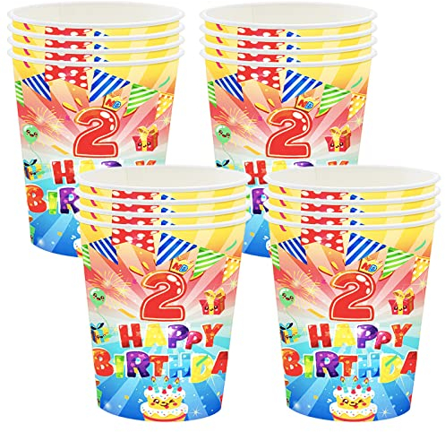 16 Pièces Gobelets en Carton Joyeux 2ème Anniversaire, 250ml/9Oz Vaisselle en Papier Assiettes Anniversaire Jetable Rondes en Papier, Assiettes pour Happy 2nd Birthday Fêtes d'Anniversaire Decoration