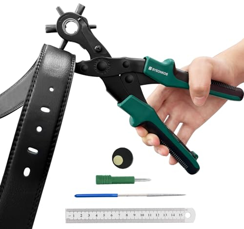SYEONKOS Pinza Fustellatrice a Fori Tondi per Cuoio e Cinture, Uno Strumento di Punzonatura con 6 Forme di Punzonatura Punte di Trapano per Cuoio, Cinghie, Cartone, Selle e Materie Plastiche