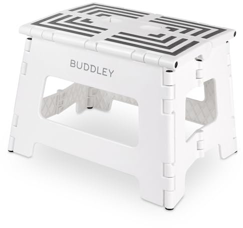 BUDDLEY Tritthocker klappbar – 23 cm hoher Tritt mit Anti-Rutsch-Design - Tragfähigkeit bis 99 kg - Klapphocker - ideal für Küche, Bad, Garage & Camping (Weiß/M)